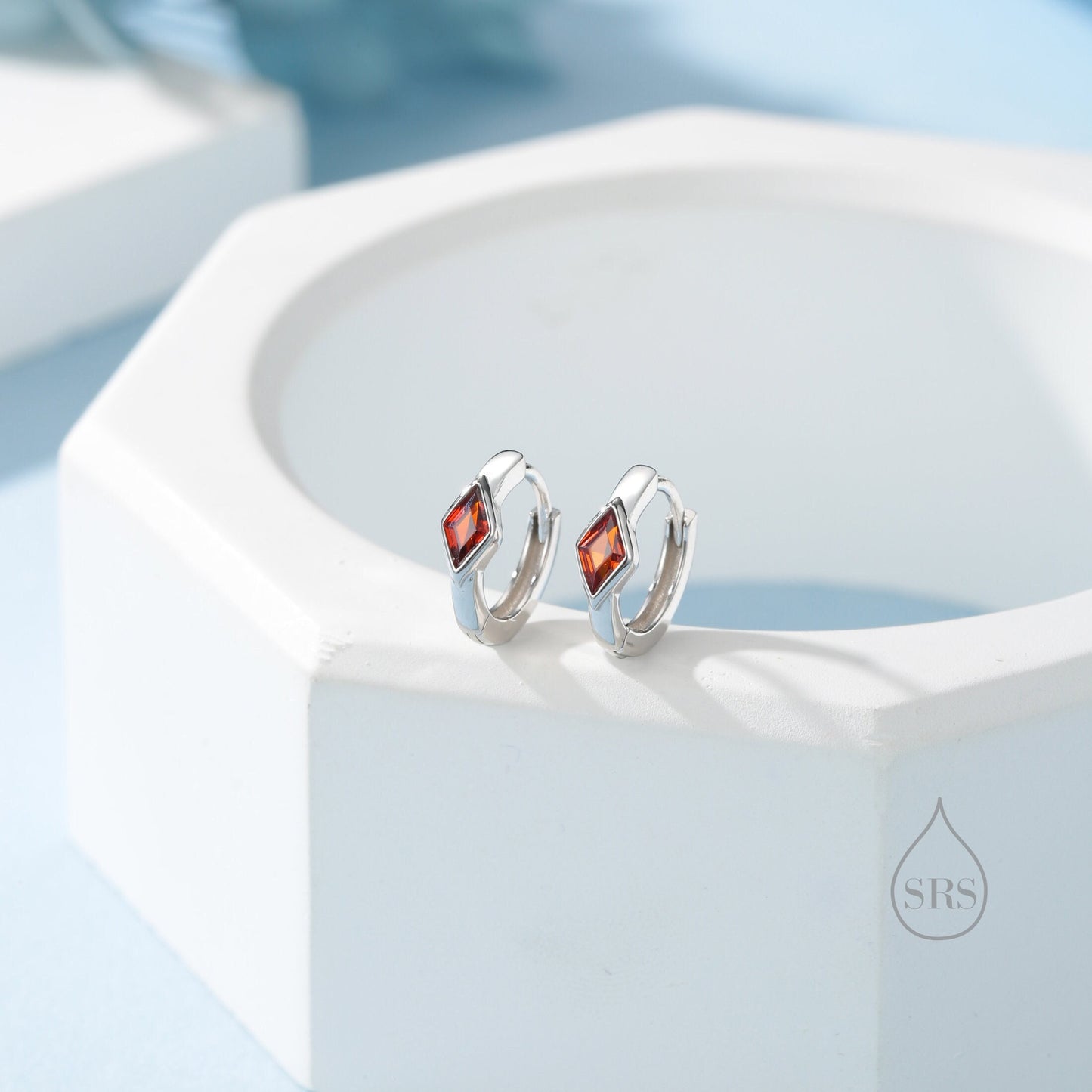 Tiny Rhombus Garnet Red CZ Huggie Hoop in Sterling Silver, Silver or Gold, Minimalist Simple Kite Shape CZ Hoop Earrings