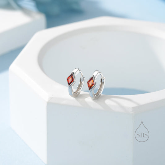 Tiny Rhombus Garnet Red CZ Huggie Hoop in Sterling Silver, Silver or Gold, Minimalist Simple Kite Shape CZ Hoop Earrings