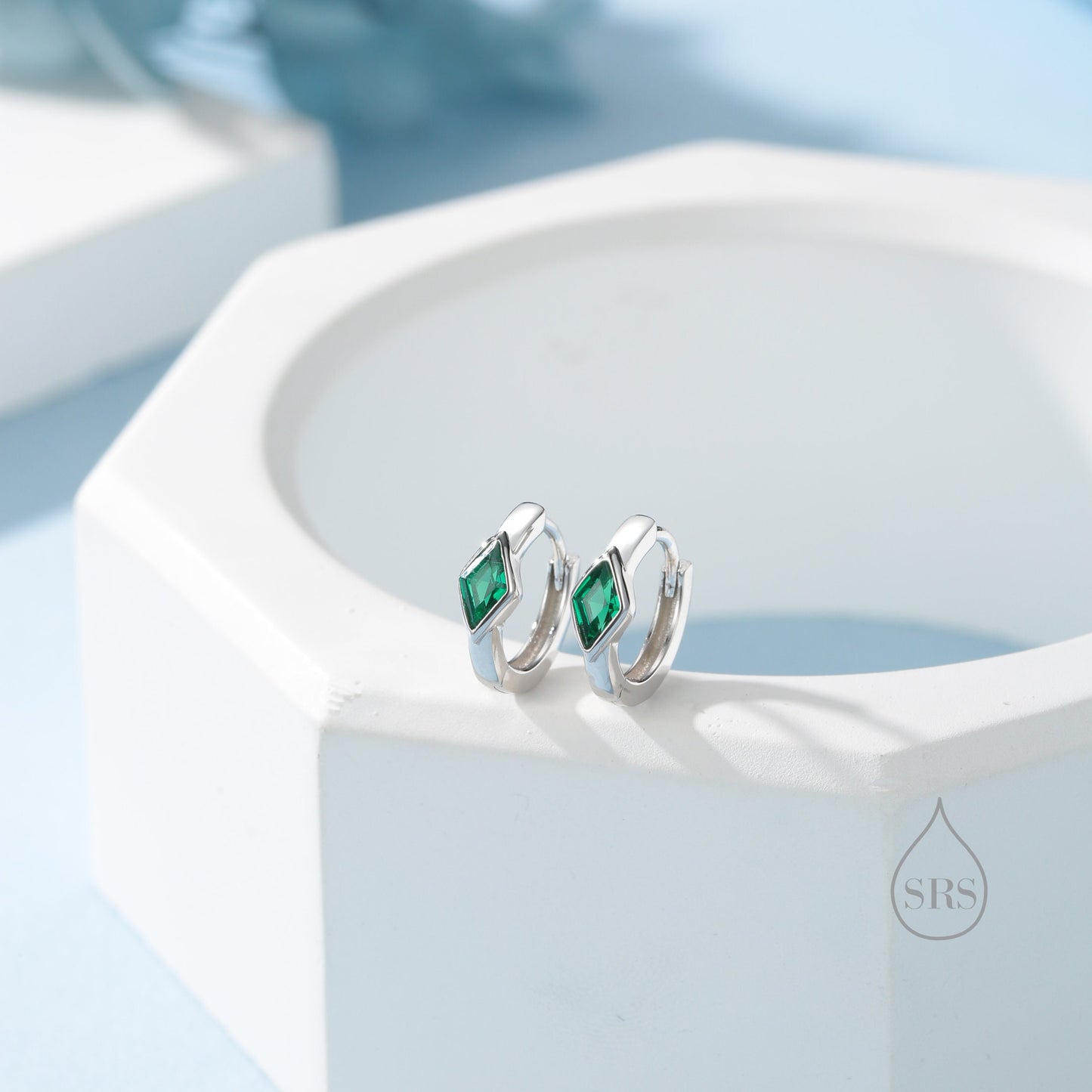 Tiny Rhombus Emerald Green CZ Huggie Hoop in Sterling Silver, Silver or Gold, Minimalist Simple Kite Shape CZ Hoop Earrings