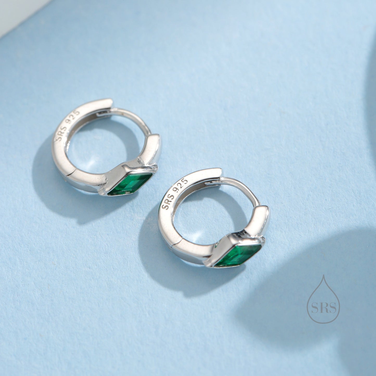 Tiny Rhombus Emerald Green CZ Huggie Hoop in Sterling Silver, Silver or Gold, Minimalist Simple Kite Shape CZ Hoop Earrings