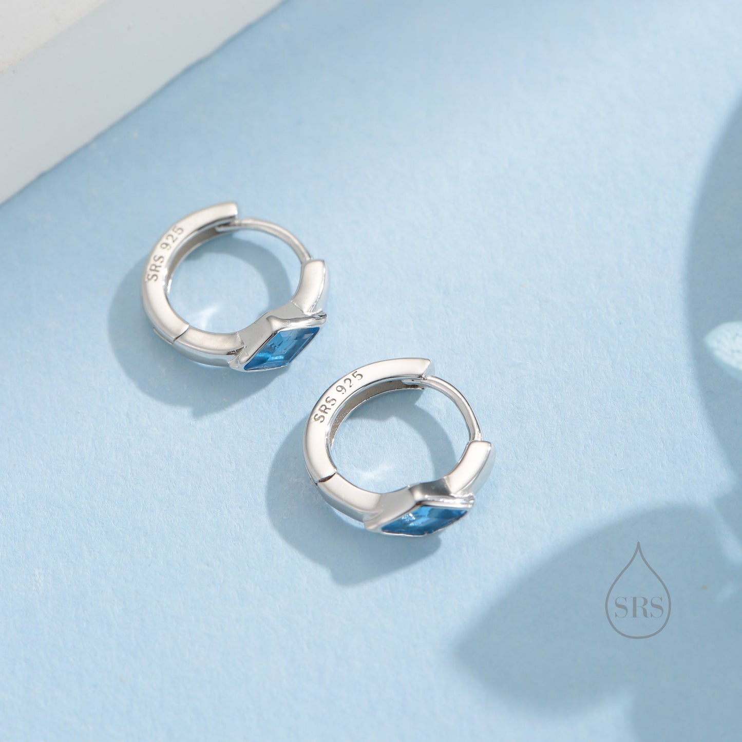 Tiny Rhombus Aquamarine Blue CZ Huggie Hoop in Sterling Silver, Silver or Gold, Minimalist Simple Kite Shape CZ Hoop Earrings