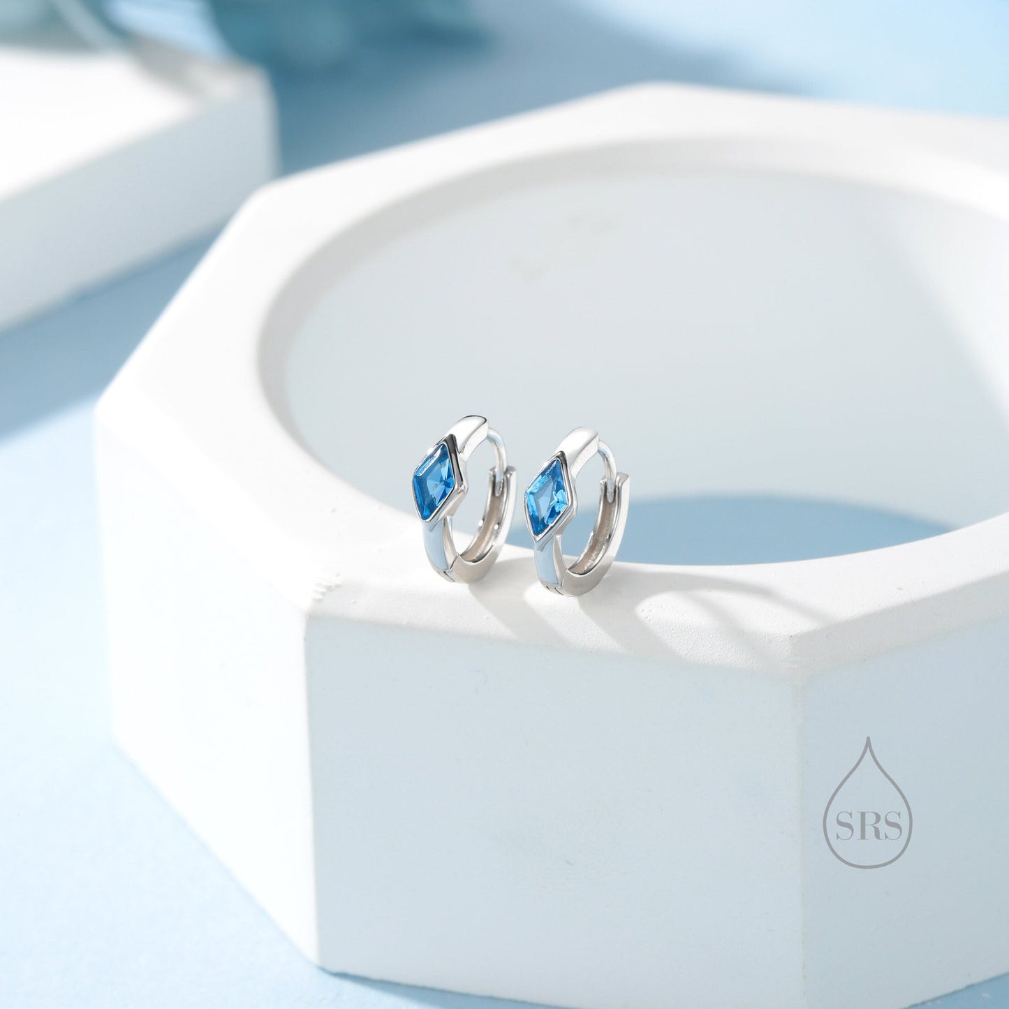 Tiny Rhombus Aquamarine Blue CZ Huggie Hoop in Sterling Silver, Silver or Gold, Minimalist Simple Kite Shape CZ Hoop Earrings