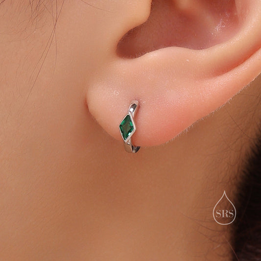 Tiny Rhombus Emerald Green CZ Huggie Hoop in Sterling Silver, Silver or Gold, Minimalist Simple Kite Shape CZ Hoop Earrings