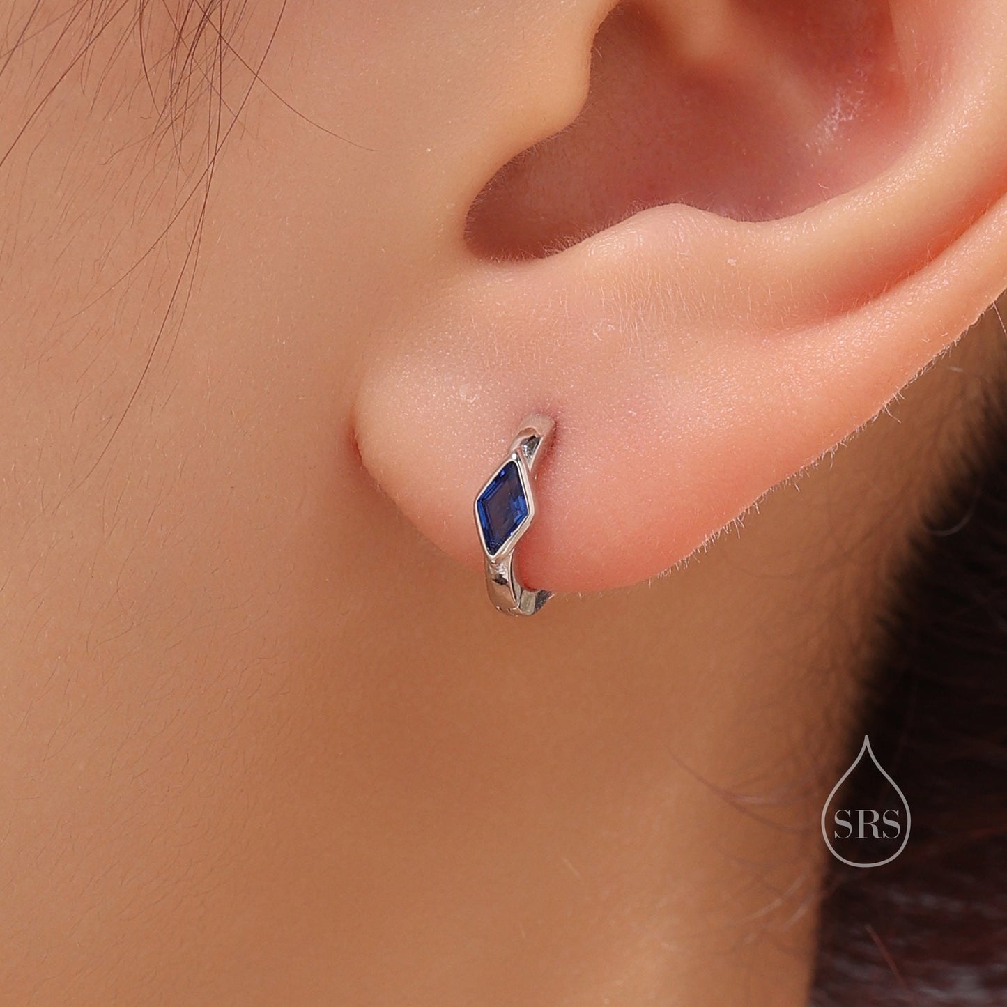 Tiny Rhombus Sapphire Blue CZ Huggie Hoop in Sterling Silver, Silver or Gold, Minimalist Simple Kite Shape CZ Hoop Earrings