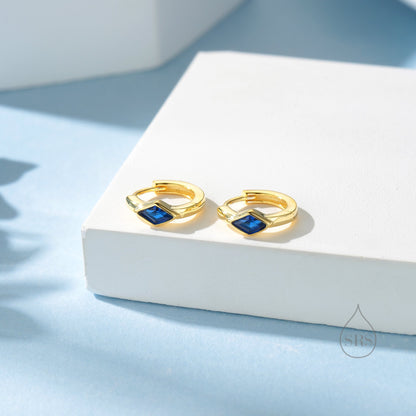 Tiny Rhombus Sapphire Blue CZ Huggie Hoop in Sterling Silver, Silver or Gold, Minimalist Simple Kite Shape CZ Hoop Earrings