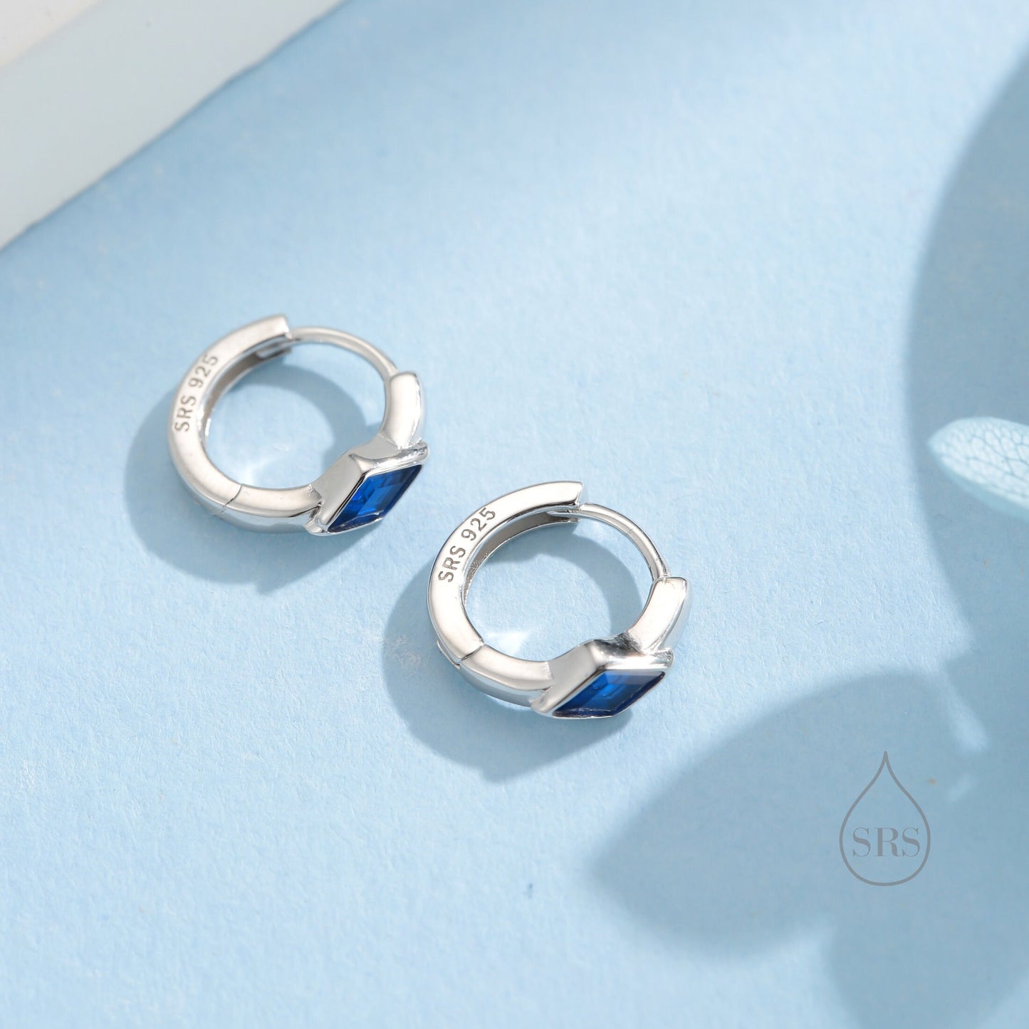 Tiny Rhombus Sapphire Blue CZ Huggie Hoop in Sterling Silver, Silver or Gold, Minimalist Simple Kite Shape CZ Hoop Earrings