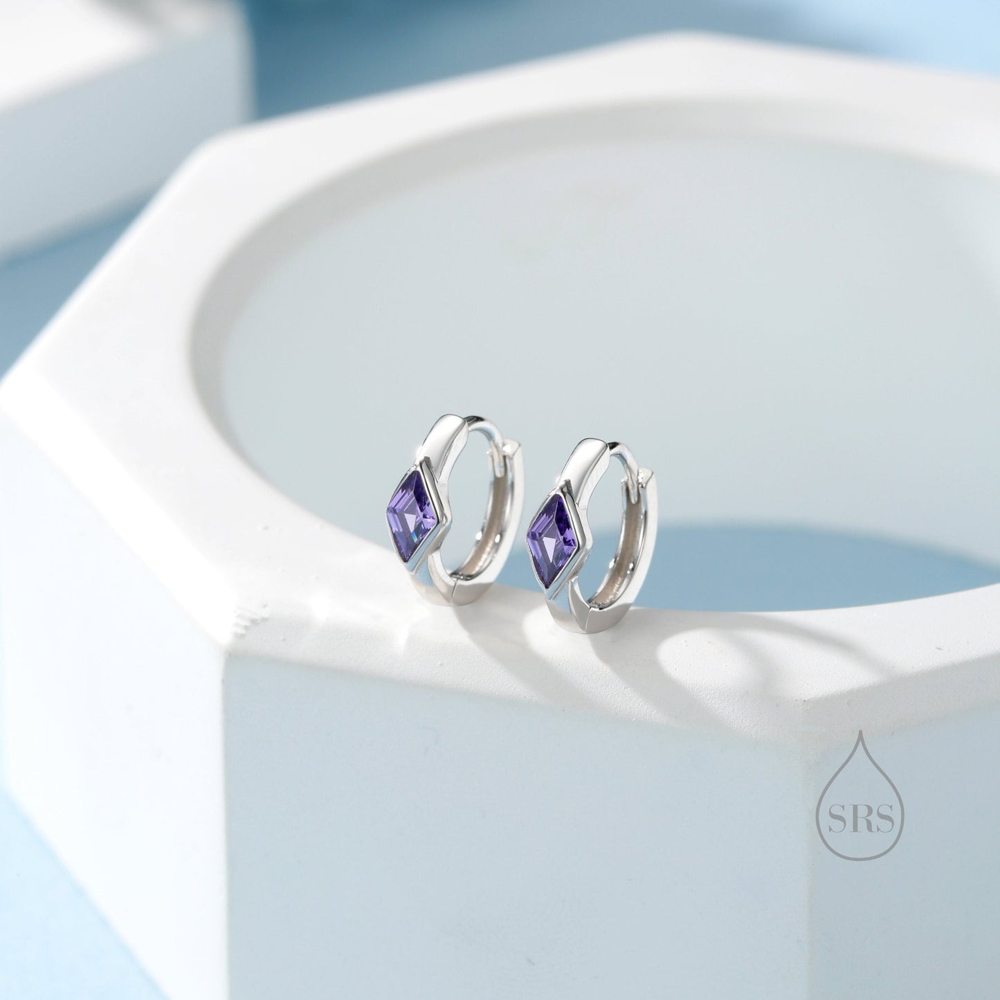 Tiny Rhombus Amethyst Purple CZ Huggie Hoop in Sterling Silver, Silver or Gold, Minimalist Simple Kite Shape CZ Hoop Earrings