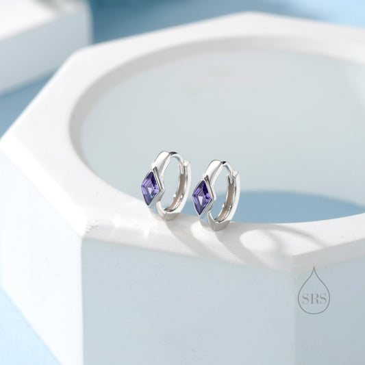 Tiny Rhombus Amethyst Purple CZ Huggie Hoop in Sterling Silver, Silver or Gold, Minimalist Simple Kite Shape CZ Hoop Earrings