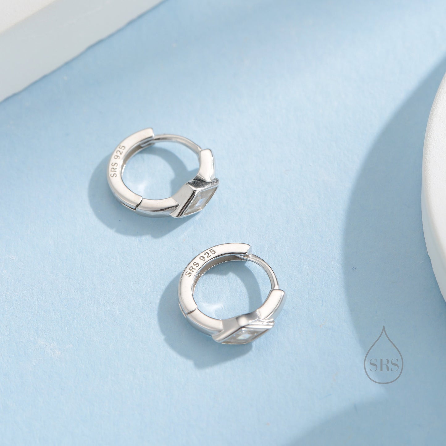 Tiny Rhombus Clear CZ Huggie Hoop in Sterling Silver, Silver or Gold, Minimalist Simple Kite Shape CZ Hoop Earrings