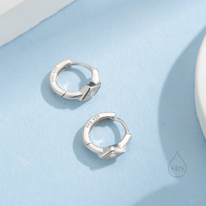 Tiny Rhombus Clear CZ Huggie Hoop in Sterling Silver, Silver or Gold, Minimalist Simple Kite Shape CZ Hoop Earrings