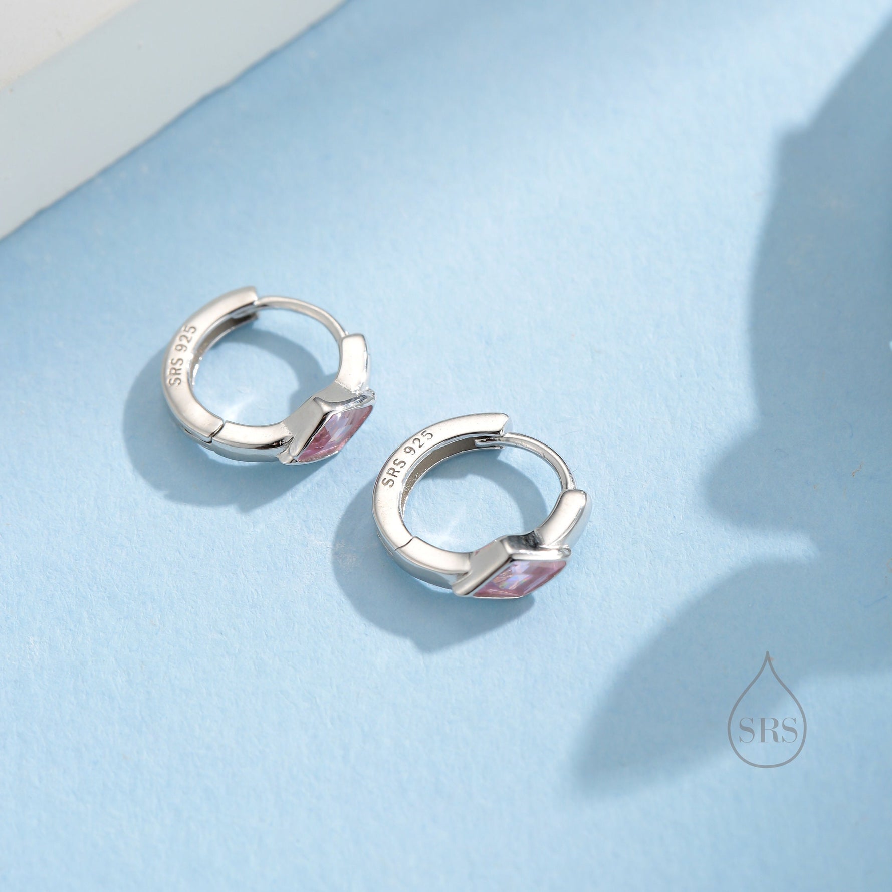 Tiny Rhombus Tourmaline Pink CZ Huggie Hoop in Sterling Silver, Silver or Gold, Minimalist Simple Kite Shape CZ Hoop Earrings