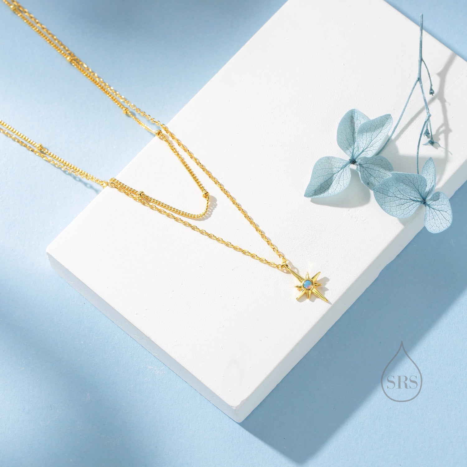 Double Layer Opal Starburst Pendant Necklace in Sterling Silver - Starburst Necklace with Satellite Chain - Gold or Silver or Rose Gold