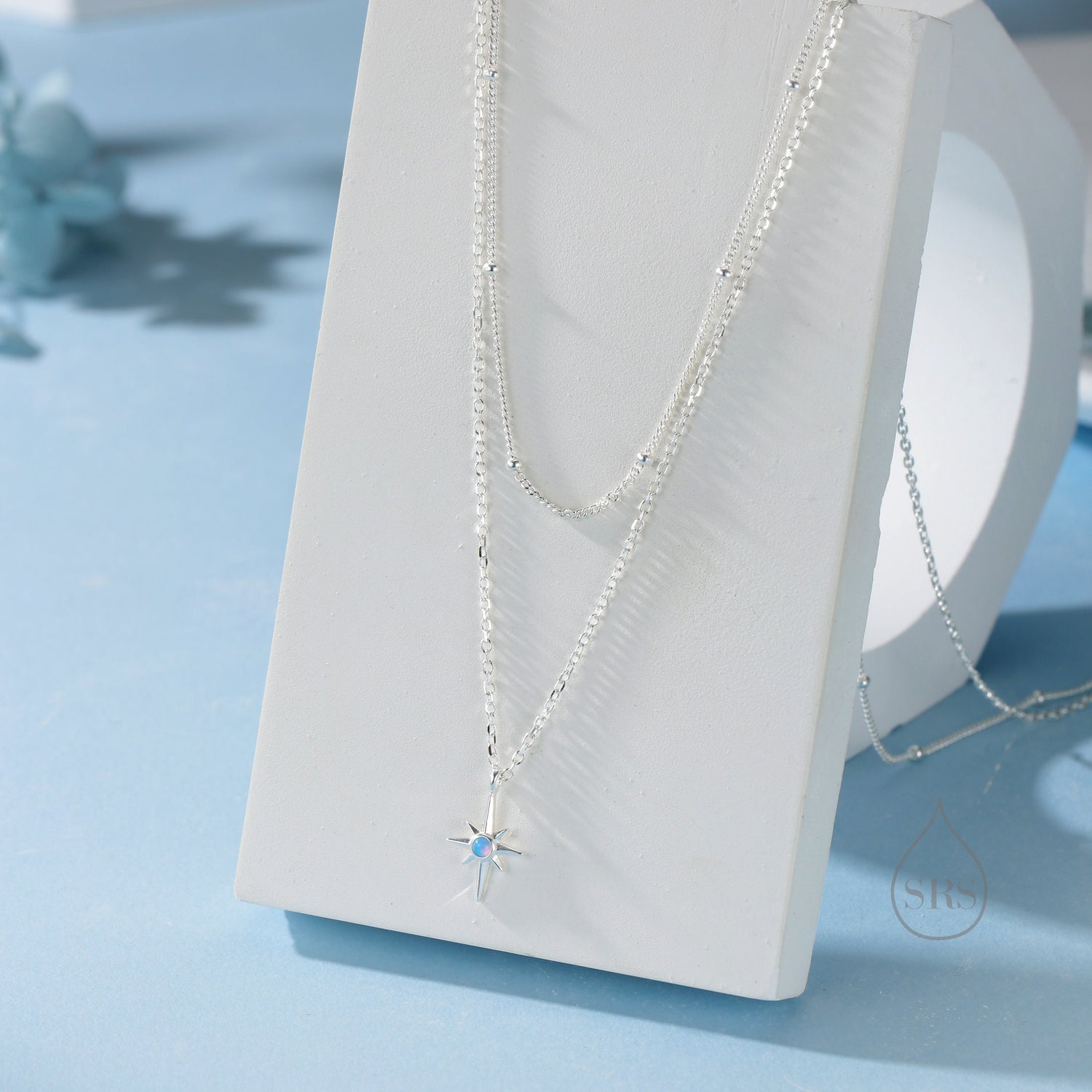 Double Layer Opal Starburst Pendant Necklace in Sterling Silver - Starburst Necklace with Satellite Chain - Gold or Silver or Rose Gold