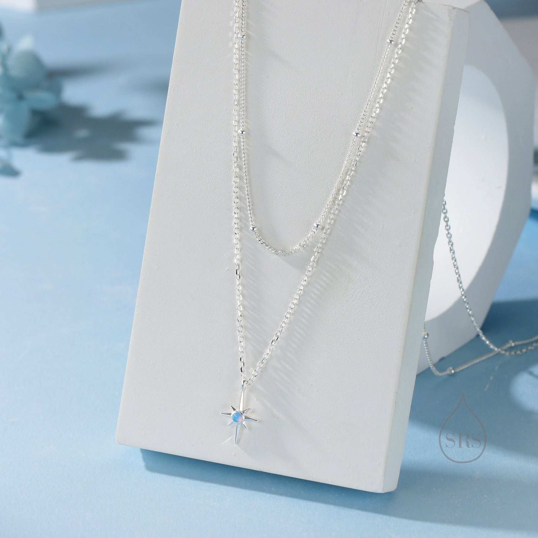 Double Layer Opal Starburst Pendant Necklace in Sterling Silver - Starburst Necklace with Satellite Chain - Gold or Silver or Rose Gold