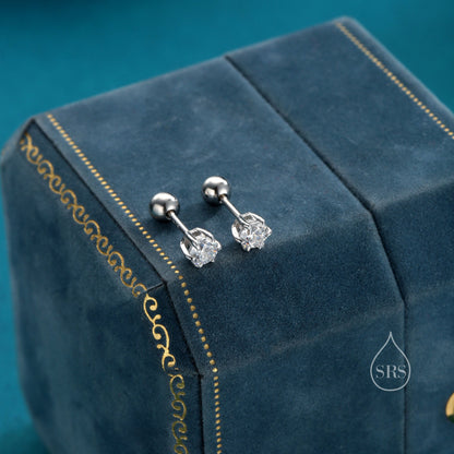 Brilliant Cut 4mm CZ Internally Threaded Flat Back/Screw Back/Stud Earrings in Sterling Silver, Silver, Gold or Rose Gold, Six Prong