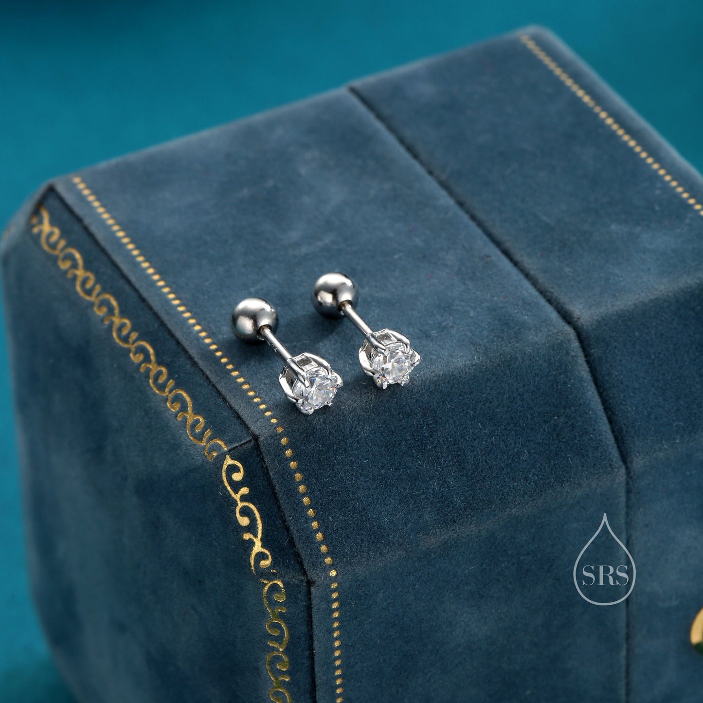 Brilliant Cut 4mm CZ Internally Threaded Flat Back/Screw Back/Stud Earrings in Sterling Silver, Silver, Gold or Rose Gold, Six Prong