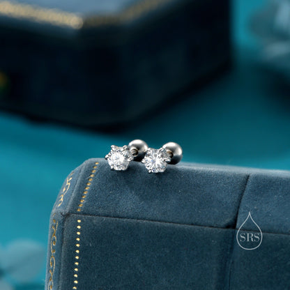 Brilliant Cut 3mm CZ Internally Threaded Flat Back/Screw Back/Stud Earrings in Sterling Silver, Silver, Gold or Rose Gold, Six Prong