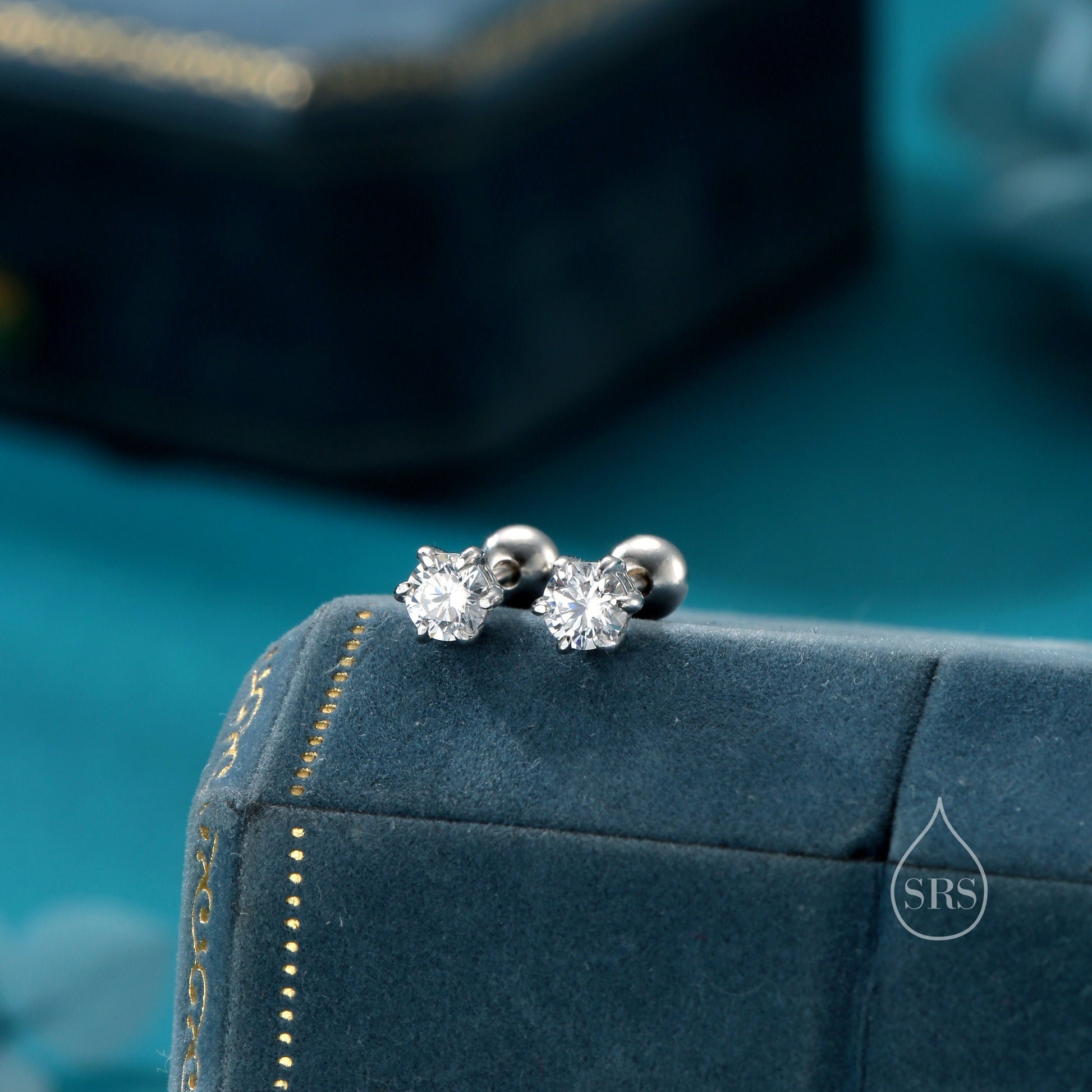 Brilliant Cut 4mm CZ Internally Threaded Flat Back/Screw Back/Stud Earrings in Sterling Silver, Silver, Gold or Rose Gold, Six Prong