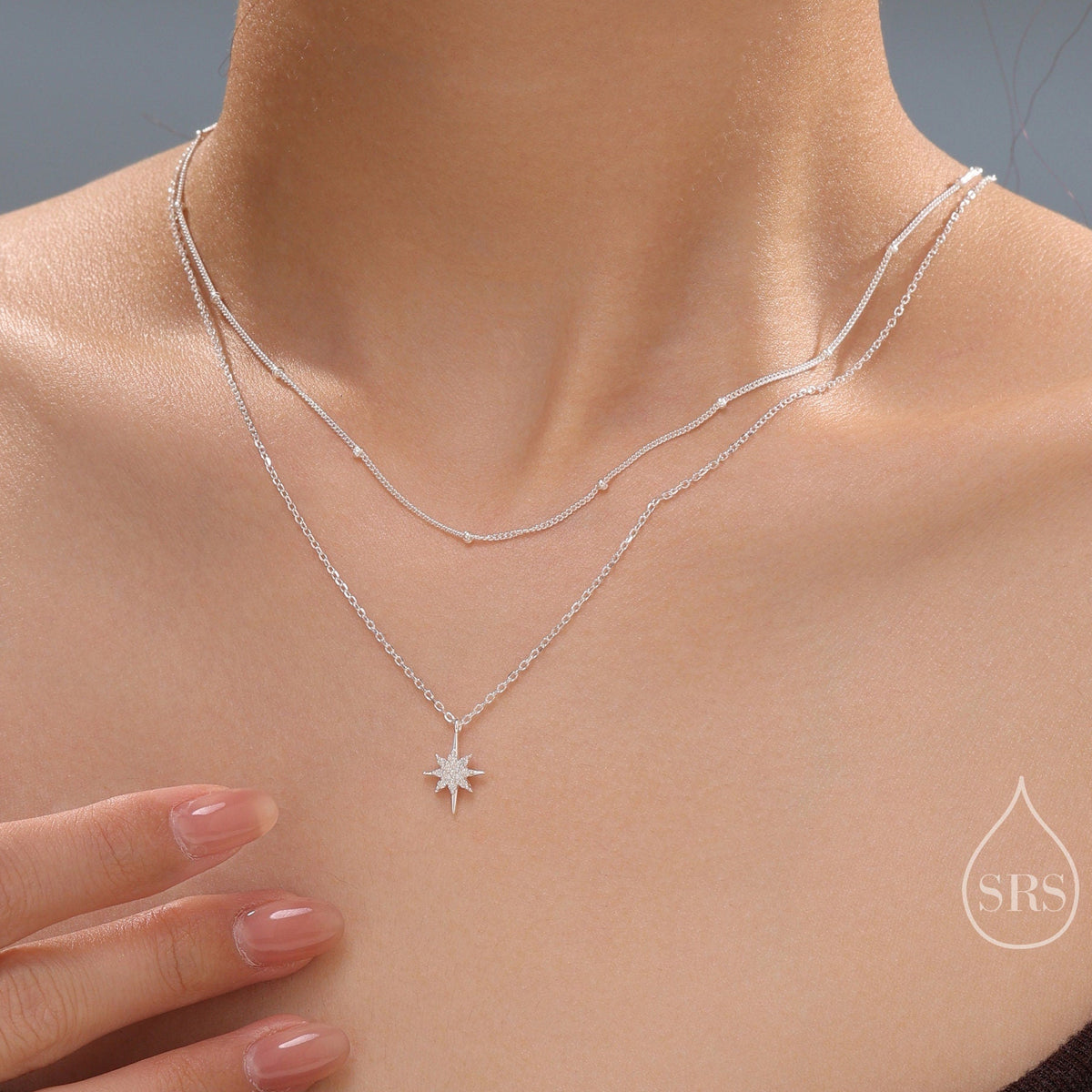 CZ Starburst Double Layer Necklace with Satellite Chain