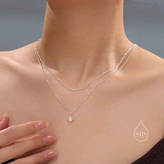 Double Layer CZ Starburst Pendant Necklace in Sterling Silver -  Starburst Necklace with Satellite Chain - Gold or Silver or Rose Gold