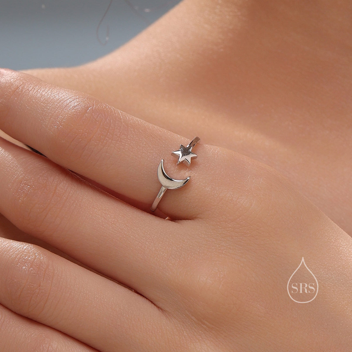 Sterling Silver Moon and Star Open Ring, Adjustable Size, Starburst and Moon Ring, Celestial Jewellery, Dainty Star of David Ring