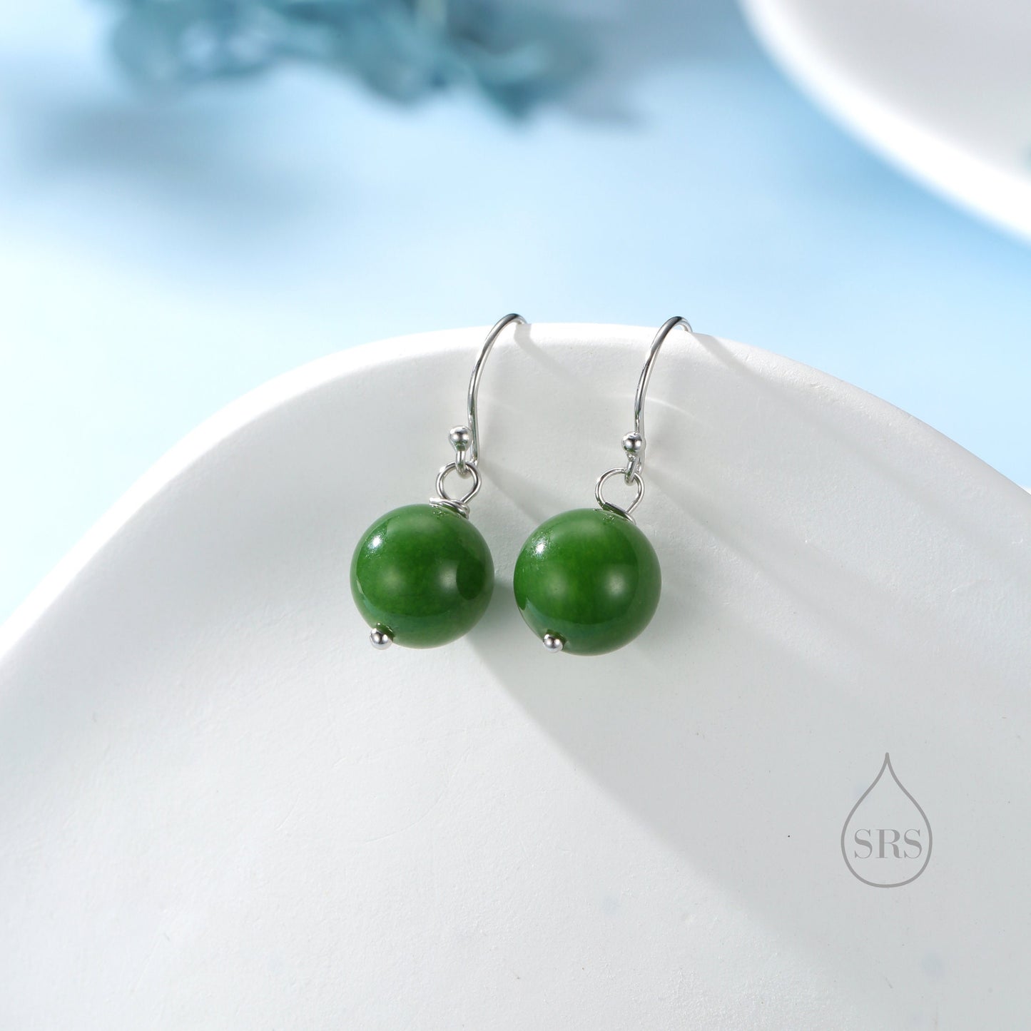 Natural Jasper Jade Hook Earrings in Sterling Silver, Silver or Gold, Available in Three Sizes, Genuine Jade Drop Earrings