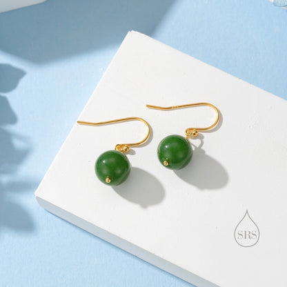 Natural Jasper Jade Hook Earrings in Sterling Silver, Silver or Gold, Available in Three Sizes, Genuine Jade Drop Earrings