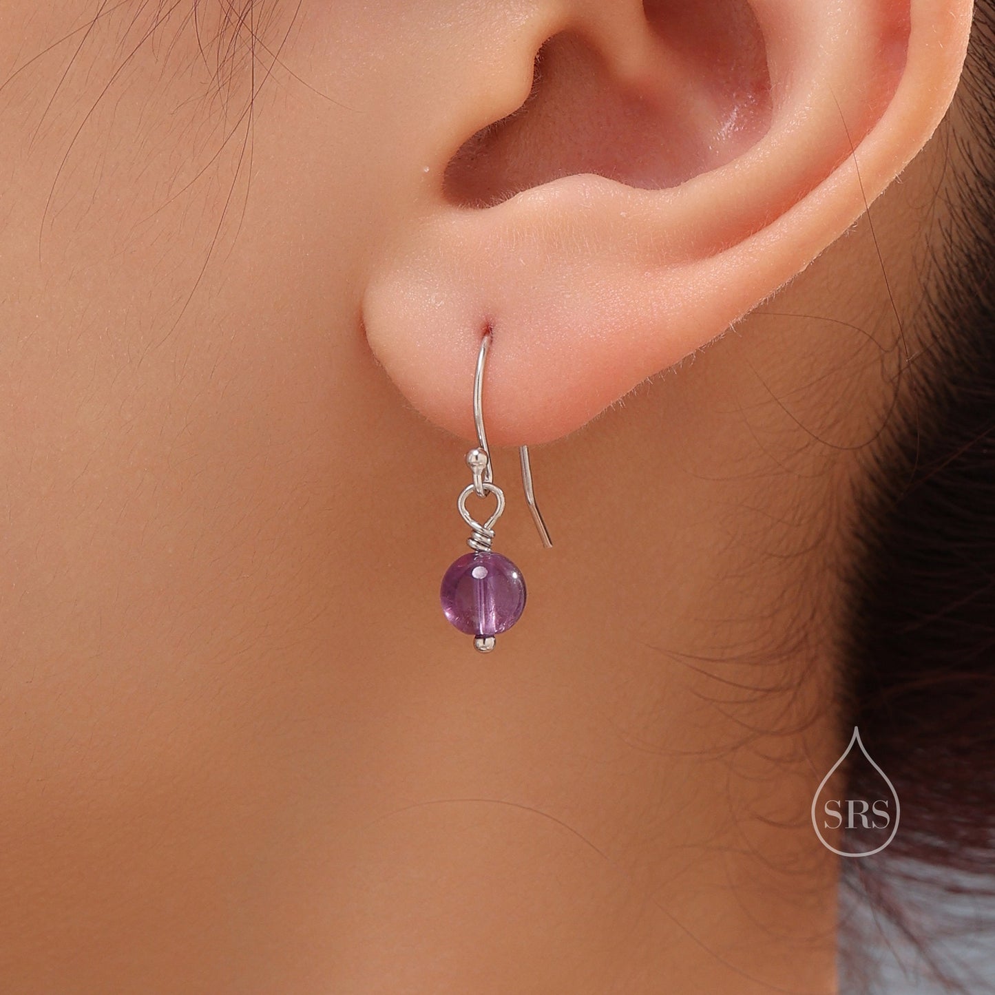 Natural Amethyst Bead Hook Earrings in Sterling Silver, 6mm Amethyst Earrings, Silver or Gold, Genuine Amethyst Drop Earrings