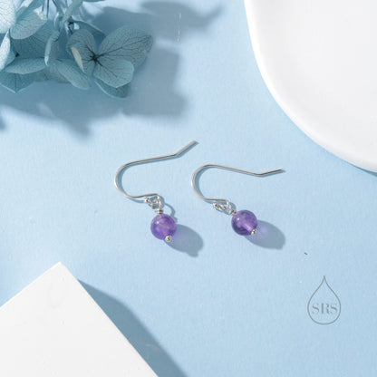 Natural Amethyst Bead Hook Earrings in Sterling Silver, 6mm Amethyst Earrings, Silver or Gold, Genuine Amethyst Drop Earrings