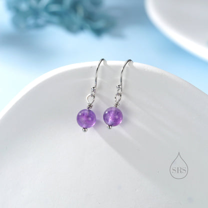 Natural Amethyst Bead Hook Earrings in Sterling Silver, 6mm Amethyst Earrings, Silver or Gold, Genuine Amethyst Drop Earrings