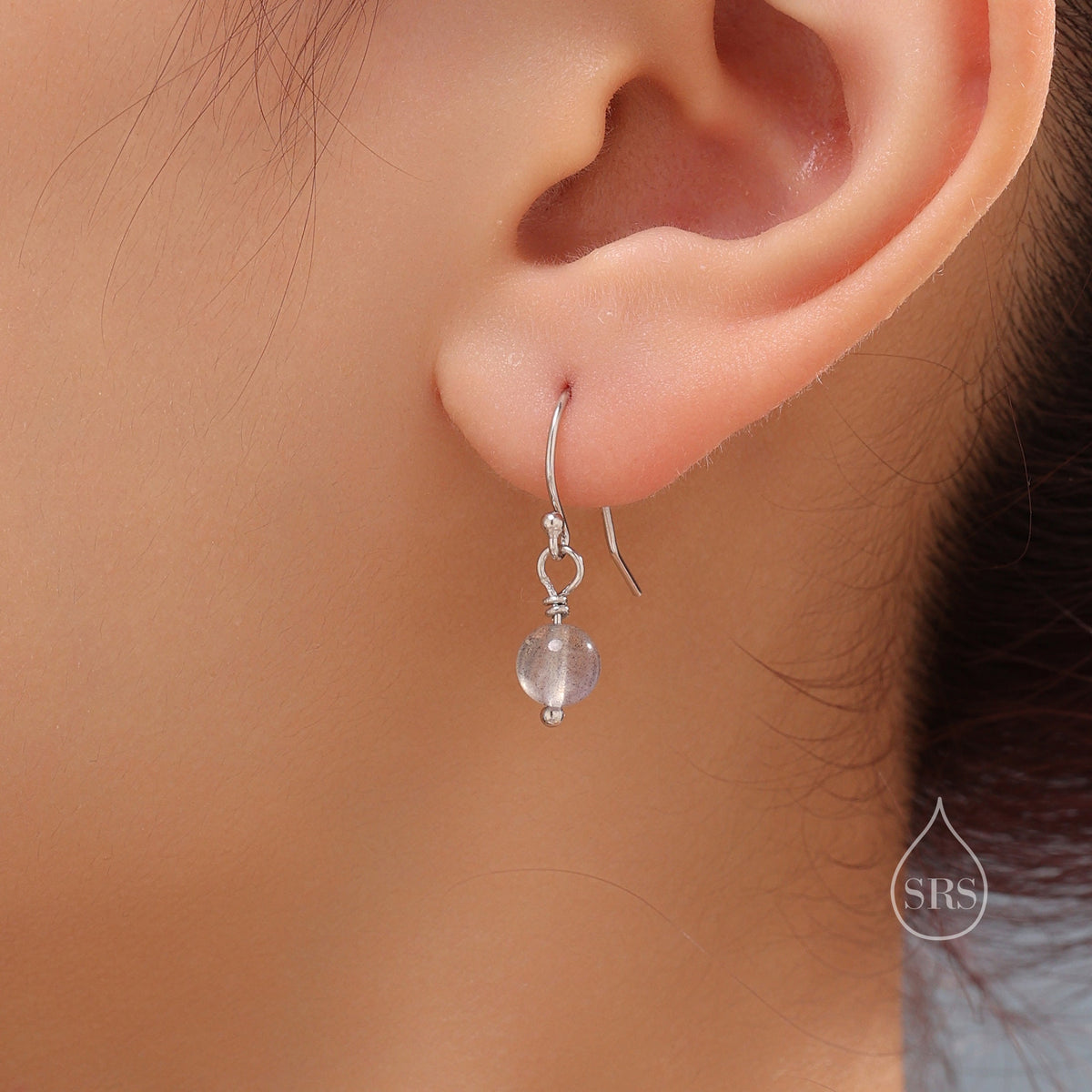 Genuine Labradorite Drop Hook Earrings in Sterling Silver, Silver or Gold, 6mm Labradorite Ball Earrings