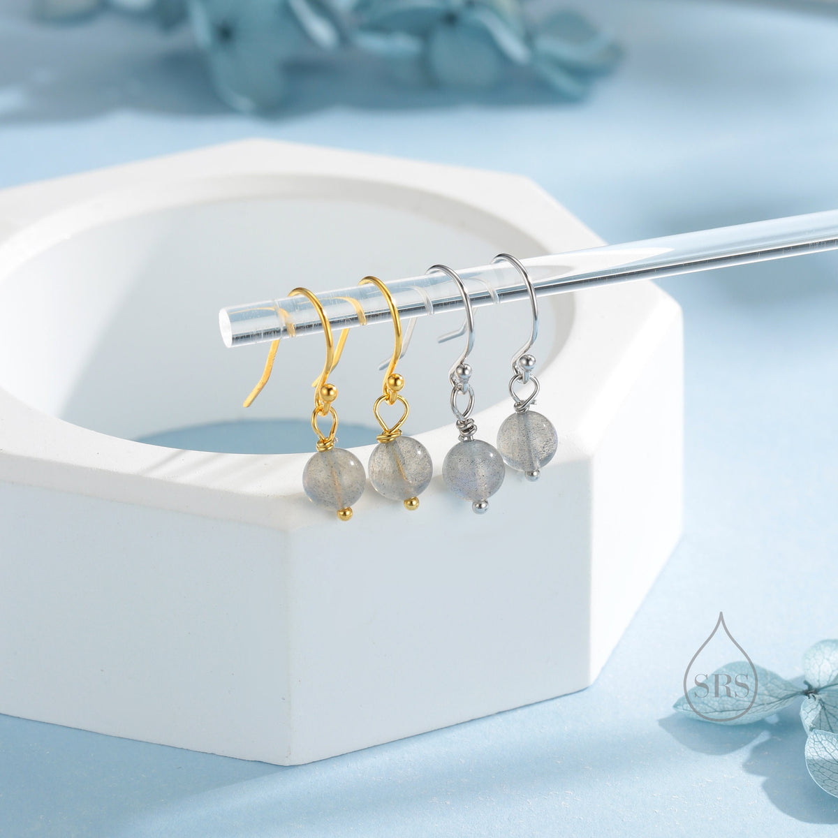 Genuine Labradorite Drop Hook Earrings in Sterling Silver, Silver or Gold, 6mm Labradorite Ball Earrings
