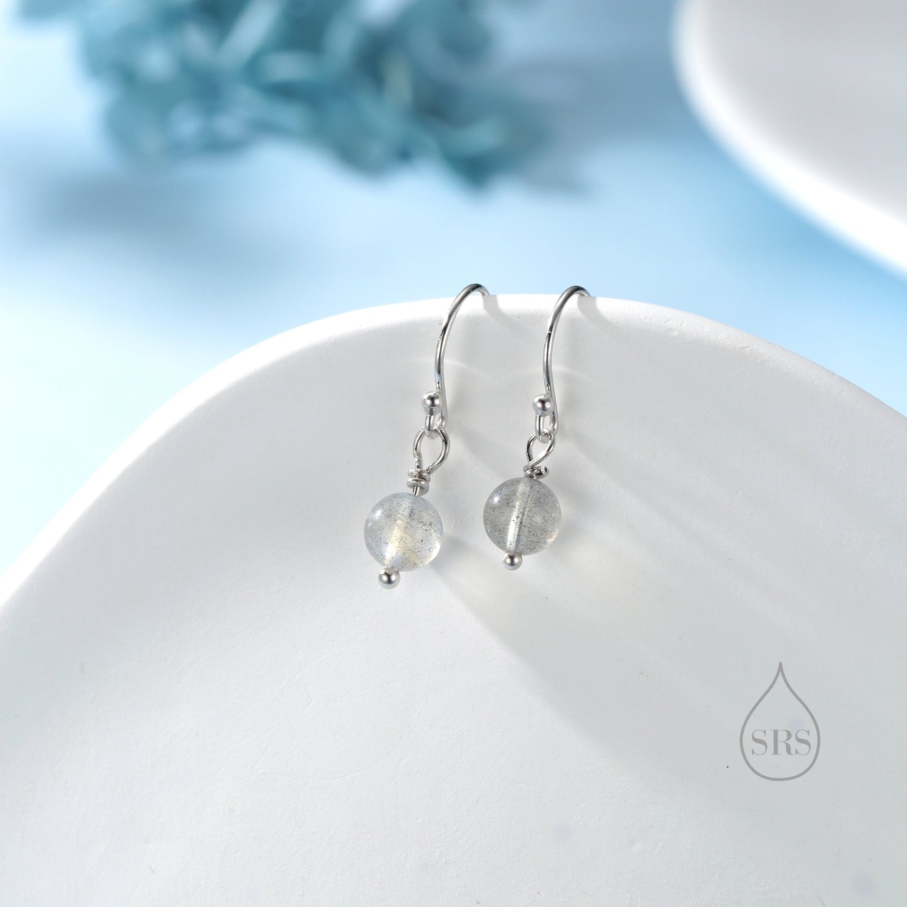 Genuine Labradorite Drop Hook Earrings in Sterling Silver, Silver or Gold, 6mm Labradorite Ball Earrings