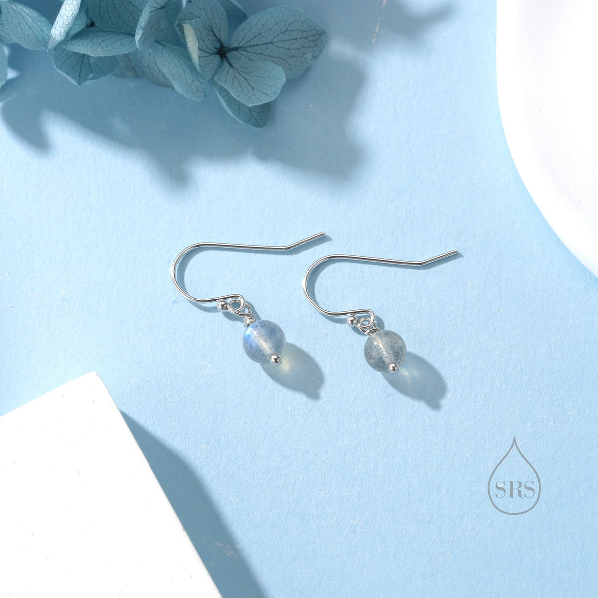 Genuine Labradorite Drop Hook Earrings in Sterling Silver, Silver or Gold, 6mm Labradorite Ball Earrings