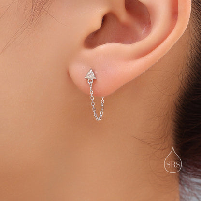 Tiny Triangle CZ Chain Earrings in Sterling Silver, Silver or Gold, Triangle CZ Ear Jacket, CZ Jacket Earrings