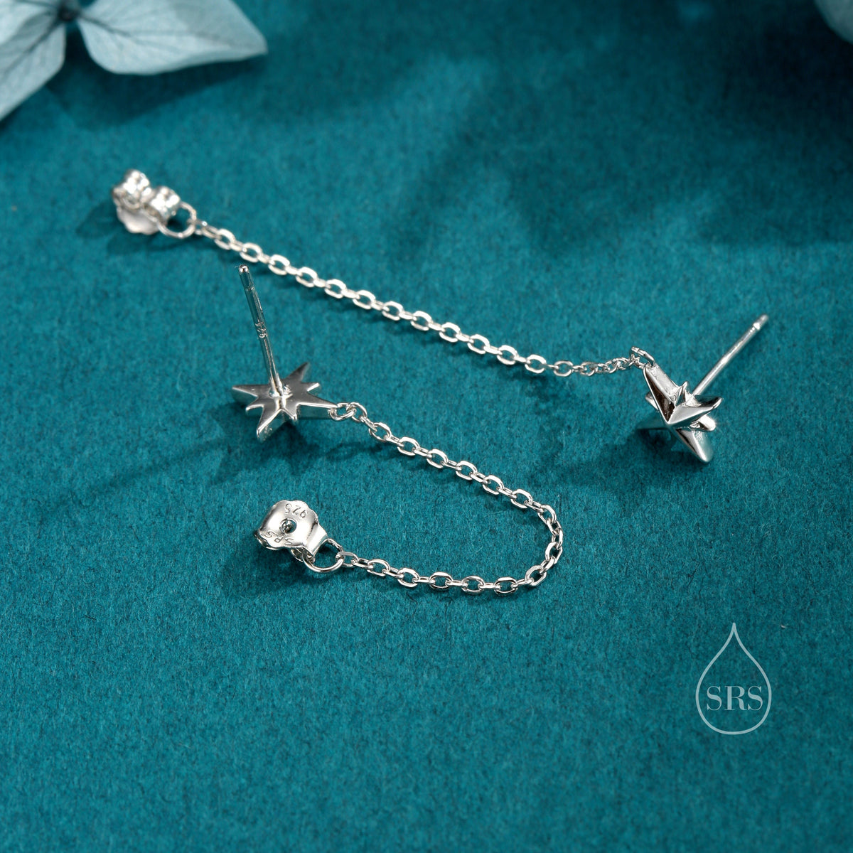 Starburst Dangle Chain Stud Earrings in Sterling Silver, Silver, Gold or Rose Gold, North Star Earrings, Star Ear Jacket, Star Earrings