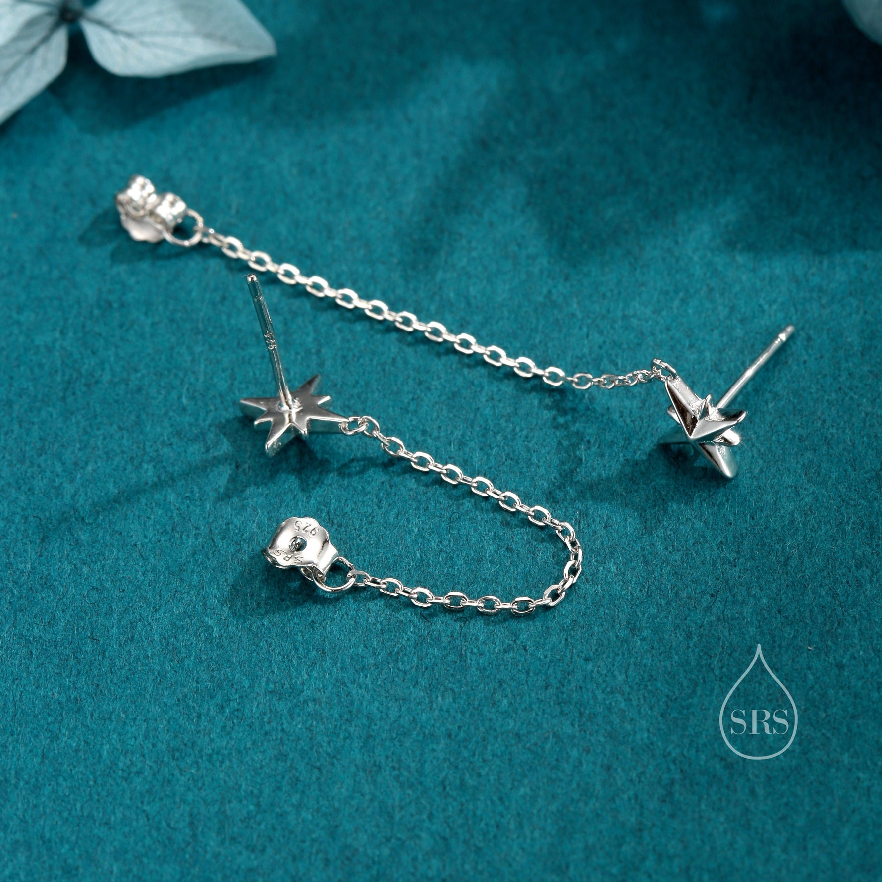 Starburst Dangle Chain Stud Earrings in Sterling Silver, Silver, Gold or Rose Gold, North Star Earrings, Star Ear Jacket, Star Earrings