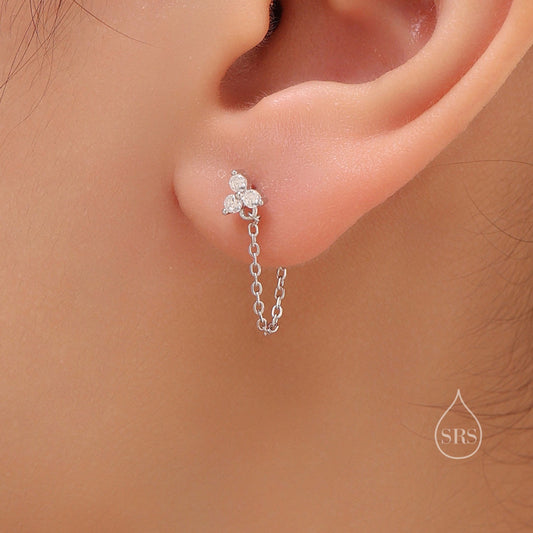 Tiny Three Dot Trio Chain Earrings in Sterling Silver, Silver or Gold, Trinity Three CZ Ear Jacket, CZ Jacket Earrings