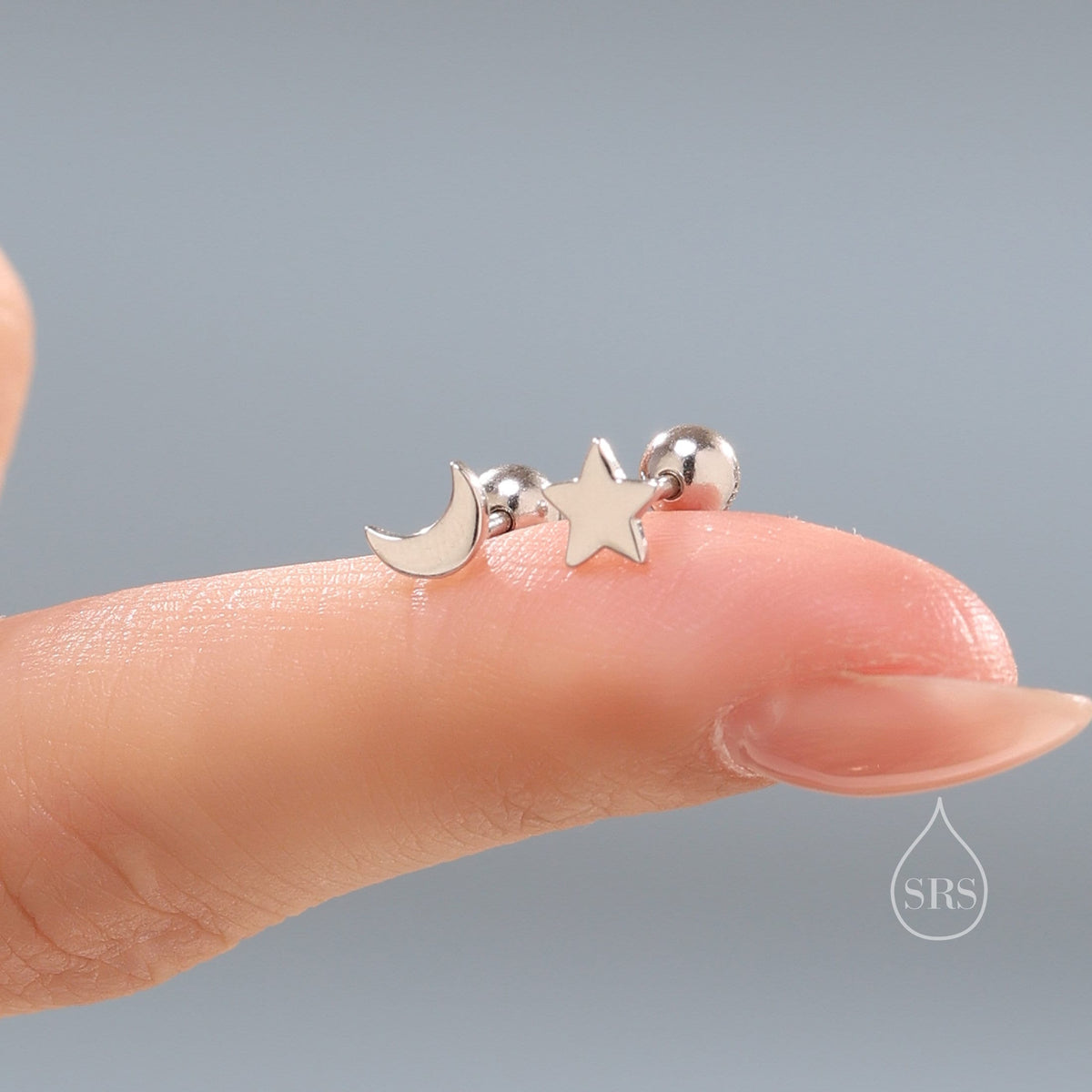 Mismatched Moon and Star 18G Screw Back in Sterling Silver