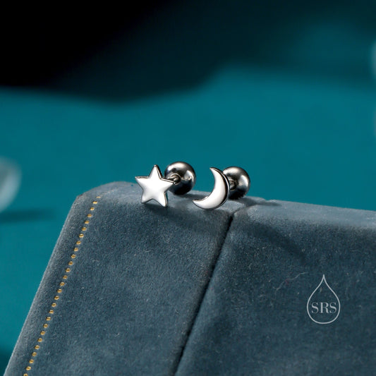 Mismatched Moon and Star Barbell Earrings in Sterling Silver, Screw back Moon and Star Earrings, Celestial Earrings, Moon and Star Screwback