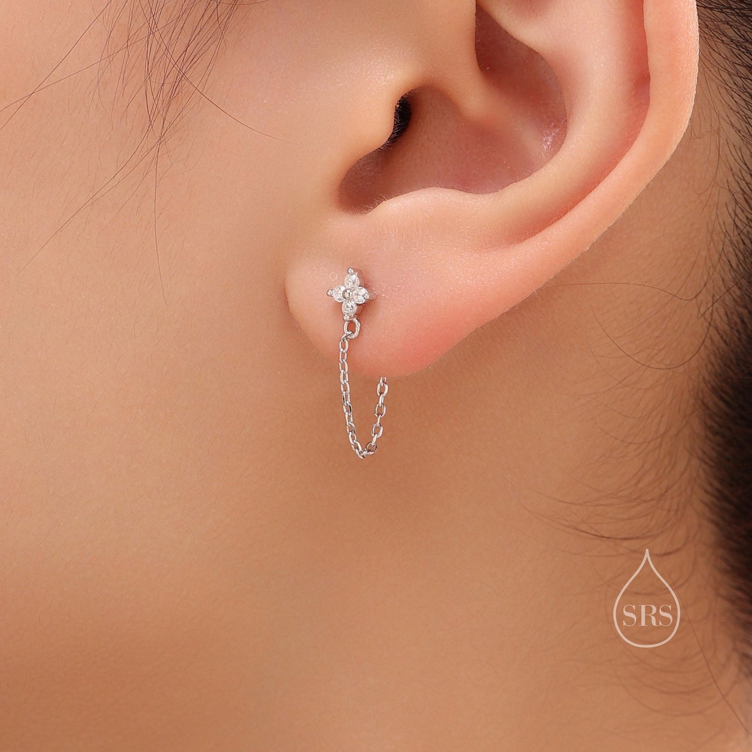 Hydrangea CZ Chain Earrings in Sterling Silver, Silver or Gold, Four CZ Ear Jacket, CZ Jacket Earrings, Four Crystal Earrings,
