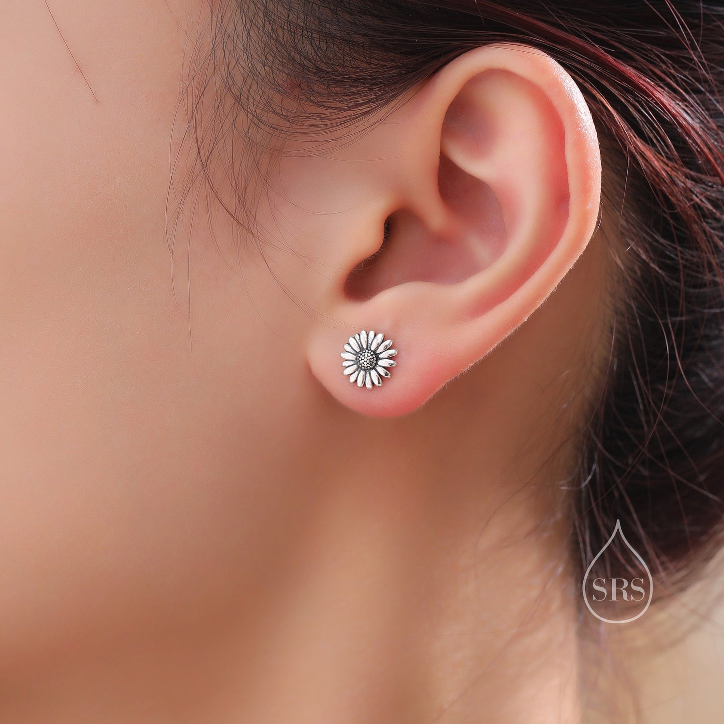 Daisy Flower Stud Earrings in Sterling Silver, Two Finished Available Silver Daisy Earrings, Silver Daisy Blossom Earrings, Oxidised Silver