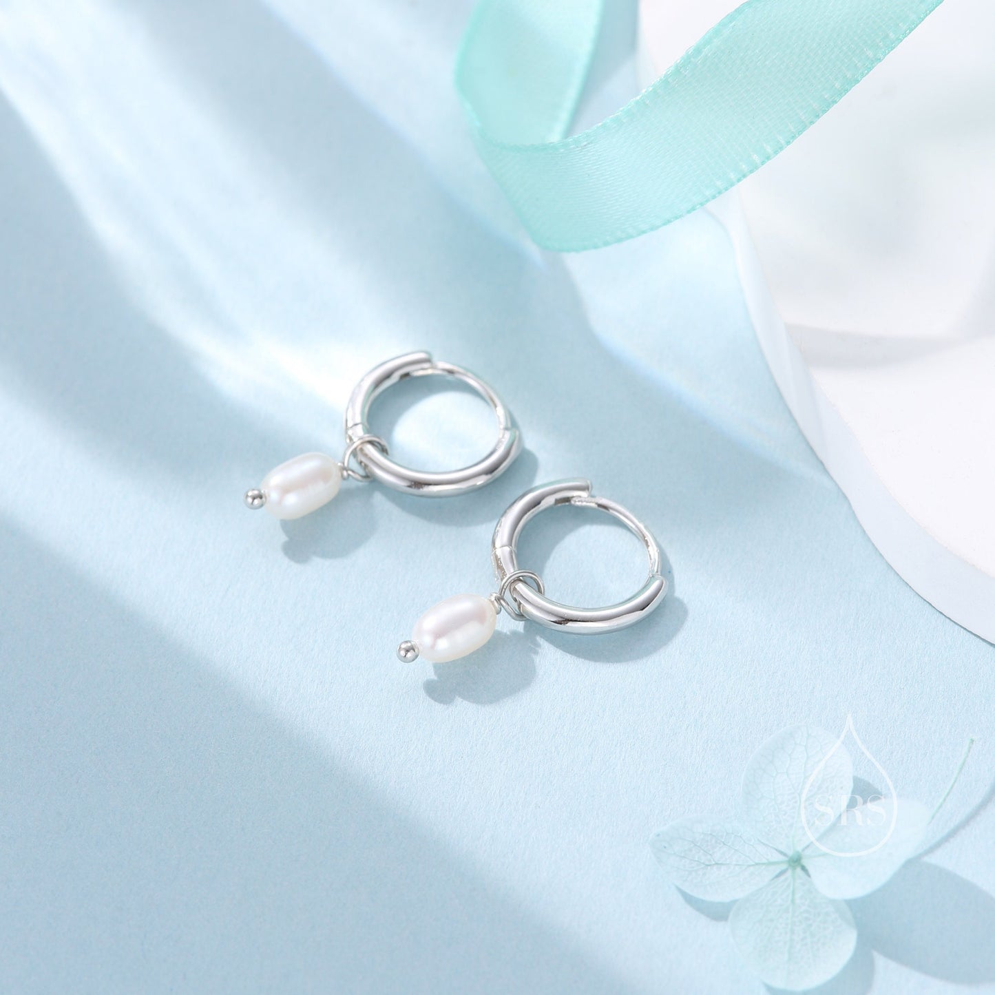 Genuine Oval Pearl with Skinny Hoop Earrings in Sterling Silver, Detachable Freshwater Pearl Hoop Earrings, Natural Pearl Huggie Hoops