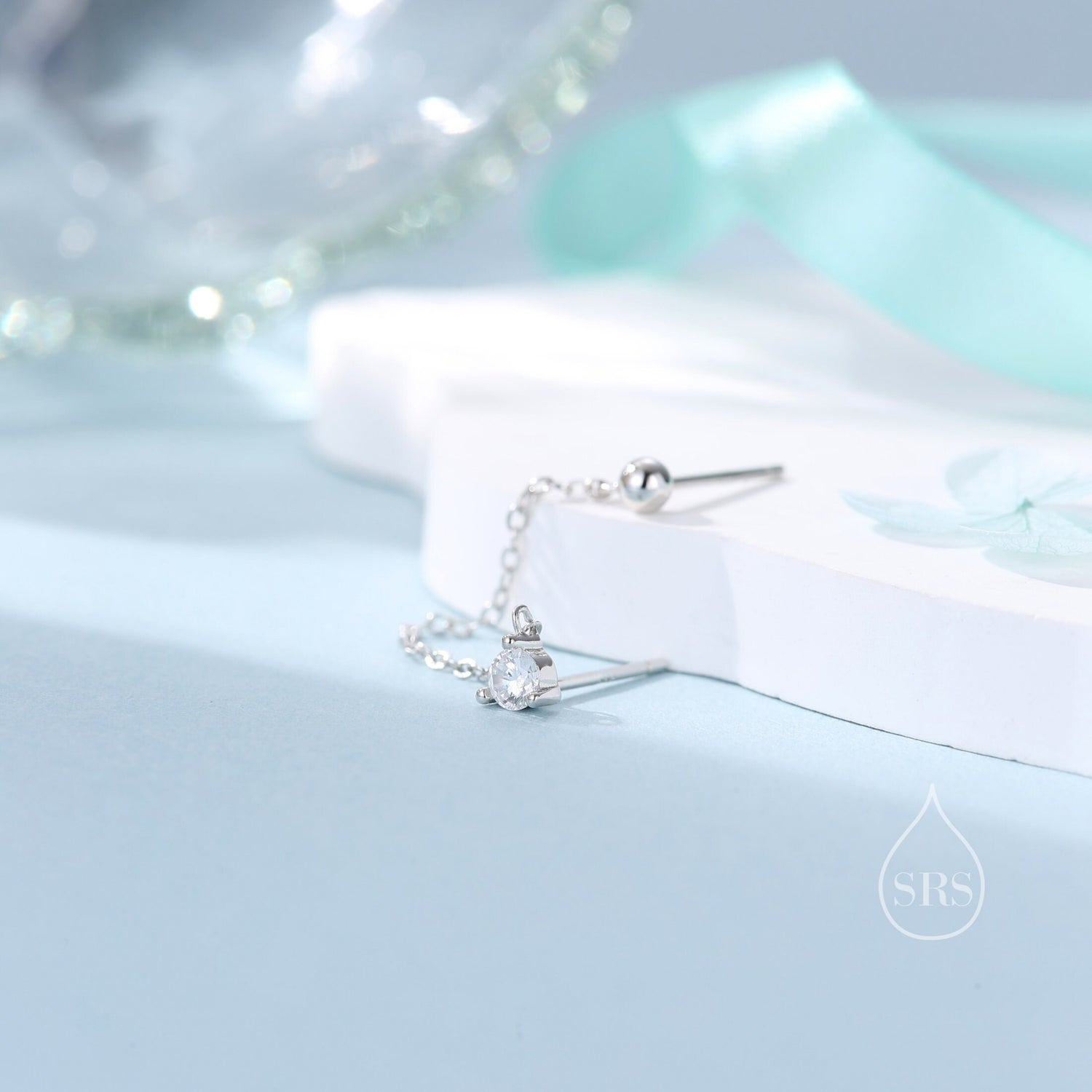 Sterling Silver Chained Earrings for Double Piercings, Silver or Gold, Ball and CZ Chained Earrings, Asymmetric Stacking Earrings