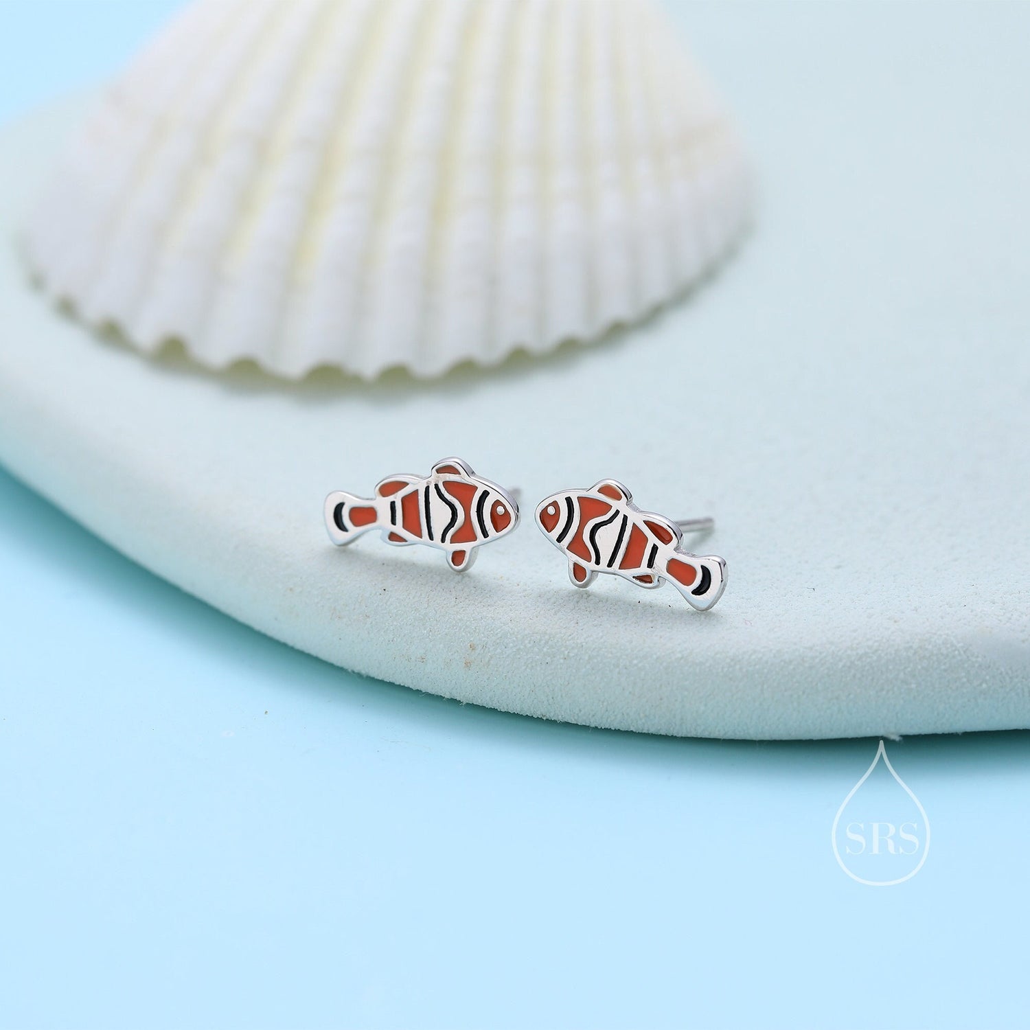 Enamel Clownfish Stud Earrings in Sterling Silver, Fish Earrings, Tiny Fish Earrings, Tiny Tropical Fish Stud