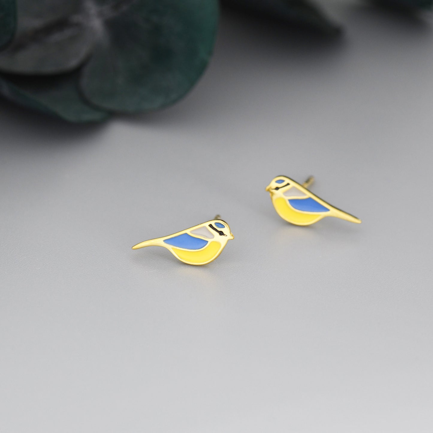 Blue Tit Bird Stud Earrings in Sterling Silver, Sterling Silver Blue Tit Earrings, Hand Painted Enamel Earrings, Animal Earrings