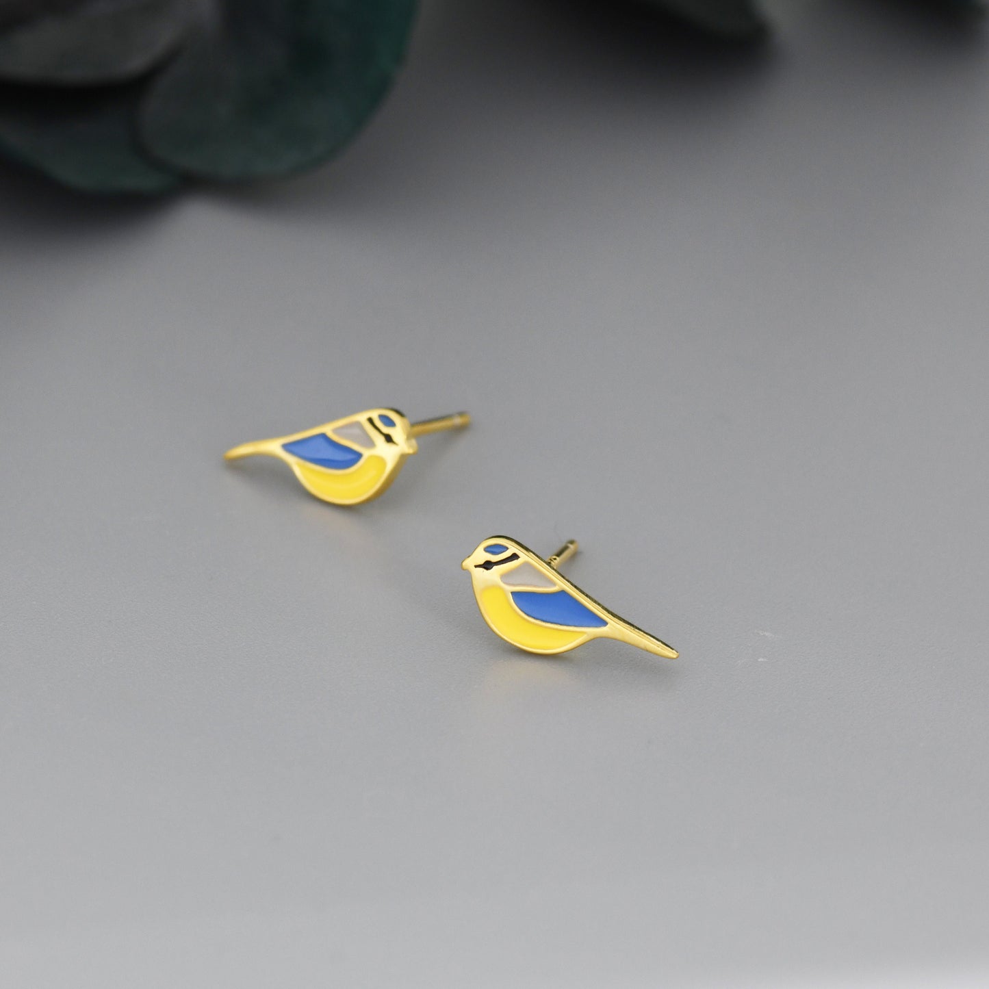 Blue Tit Bird Stud Earrings in Sterling Silver, Sterling Silver Blue Tit Earrings, Hand Painted Enamel Earrings, Animal Earrings