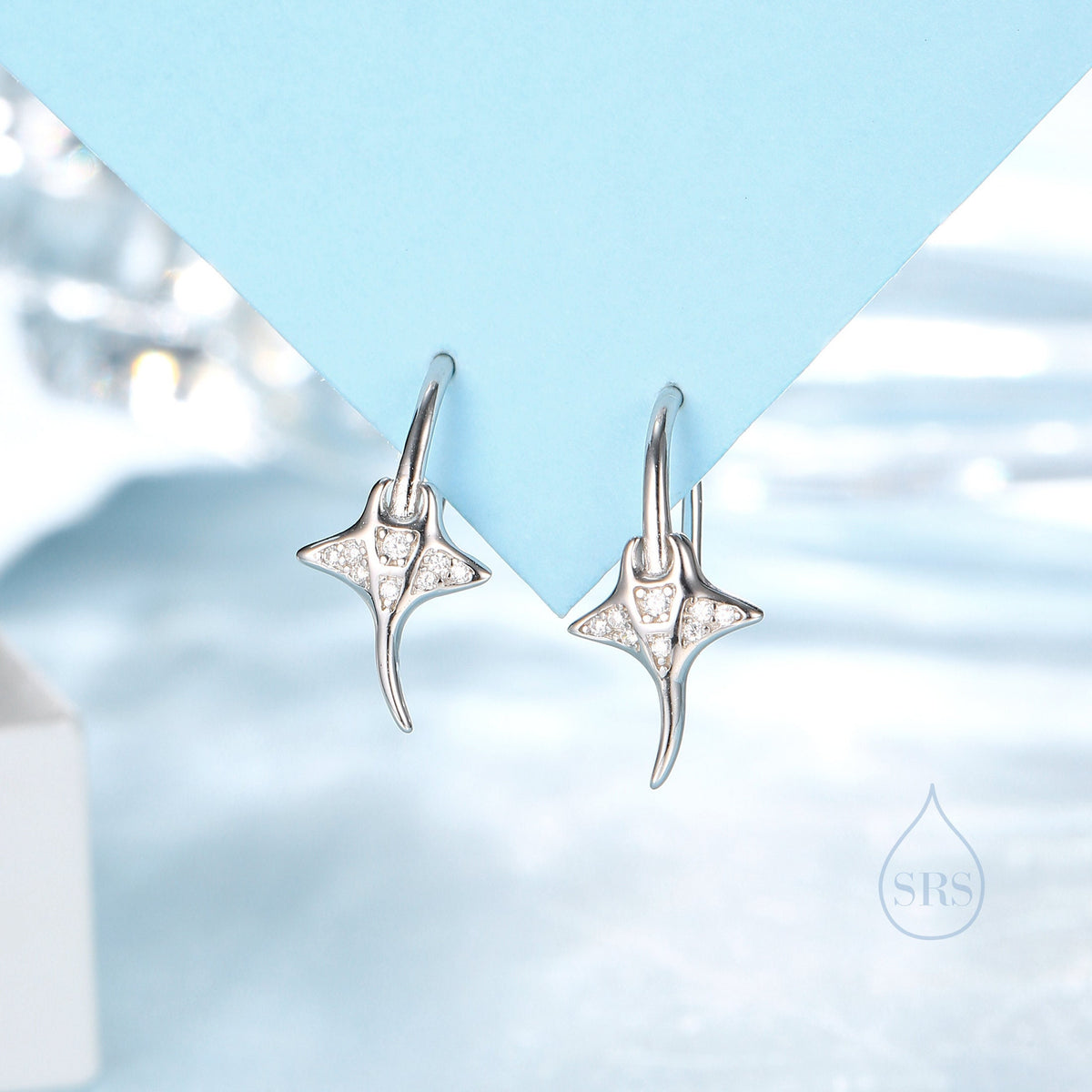 Sterling Silver Manta Ray Fish Drop Hook Earrings with CZ, Stingray Dangle Hoop Earrings, Dainty Zircon Fish Dangle Earrings