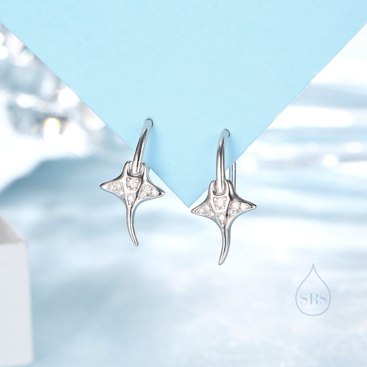 Sterling Silver Manta Ray Fish Drop Hook Earrings with CZ, Stingray Dangle Hoop Earrings, Dainty Zircon Fish Dangle Earrings