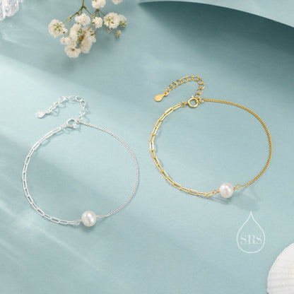 Sterling Silver Natural Pearl Bracelet, Single Genuine Pearl Bracelet, Mixed Chain Freshwater Pearl Bracelet, Silver or Gold
